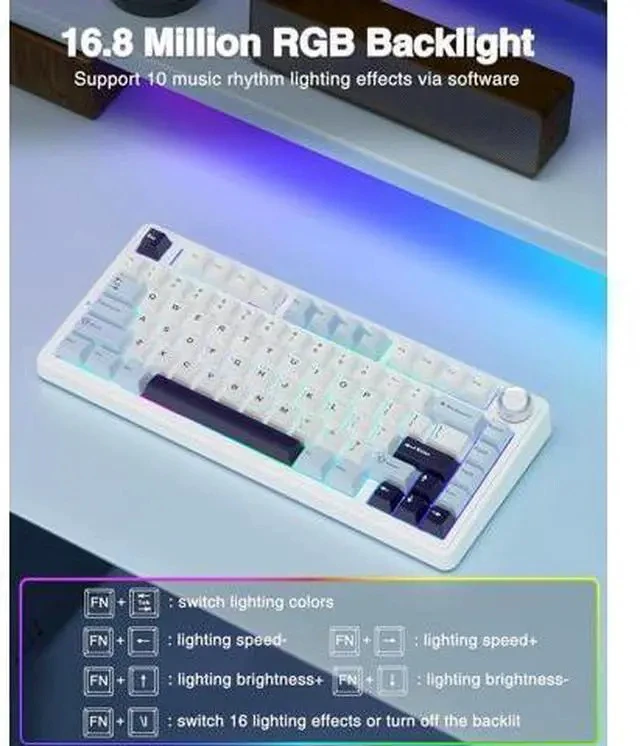 Alt view image 6 of 7 - AULA F75 75% Wireless Mechanical Keyboard,Gasket Hot Swappable Custom Keyboard,Pre-lubed Reaper Switches RGB Backlit Gaming Keyboard,2.4GHz/Type-C/BT5.0 Mechanical Keyboard (White & Blue)