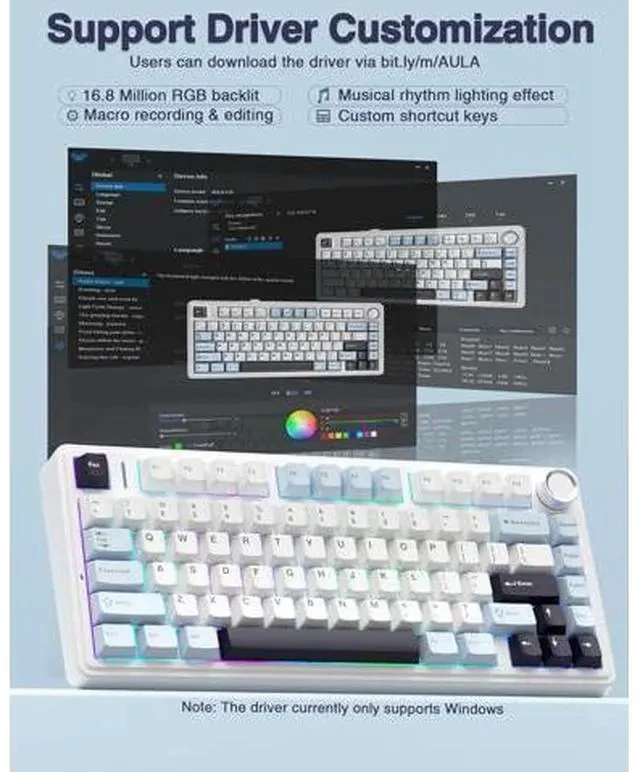 Alt view image 7 of 7 - AULA F75 75% Wireless Mechanical Keyboard,Gasket Hot Swappable Custom Keyboard,Pre-lubed Reaper Switches RGB Backlit Gaming Keyboard,2.4GHz/Type-C/BT5.0 Mechanical Keyboard (White & Blue)