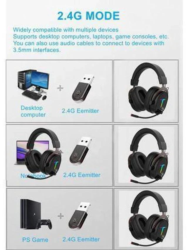 Alt view image 7 of 7 - SAMA G1000 Gaming Headphone 2.4G Bluetooth Wireless Noise Cancelling Surround Sound RGB Headset Detachable Microphone Ear Headphones For PS4 PC XBOX PS5 Black