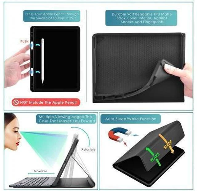 Alt view image 4 of 5 - DETUOSI for iPad Air 2 Keyboard Case, for iPad 9.7" 2017/2018 Keyboard Case with Apple Pencil Holder, Detachable Wireless 7-Colors Backlit Keyboard + PU Leather Cover for iPad Pro 9.7", for iPad Air 1
