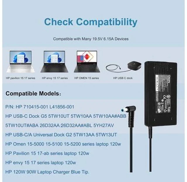 Alt view image 5 of 7 - FLGAN 120W 6.15A Charger 710415-001 L41856-001 for HP USB-C Dock G5 5TW10UT 5TW10AA 5TW10AA#ABB 5TW10UT#ABA USB-C/A Universal Dock G2 5TW13AA HP Omen 15-5000 15-5100 15-5200 Laptop Charger