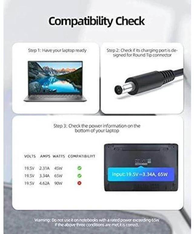 Alt view image 4 of 7 - 65W 45W AC Charger Fit for Dell Inspiron 13 7000 Series 7373 7573 7773 Laptop Power Adapter Supply Cord