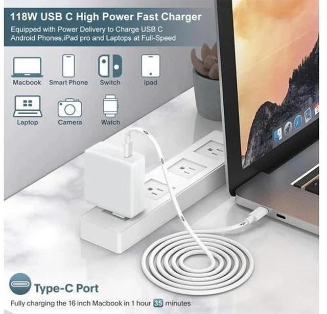 Alt view image 2 of 7 - Mac Book Pro Charger - 118W USB C Charger Fast Charger Compatible with MacBook Pro/Air M1 M2 M3 M4 iPad Pro Galaxy and More USB-C Devices(6.6 ft Cable Included)