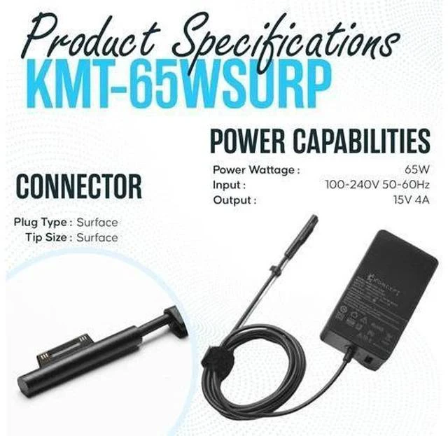 Alt view image 3 of 7 - 65W 15V 4A Surface Pro Laptop Charger - Power Supply AC Adapter 100-240V 50-60Hz for Surface Pro 10/9/8/7/7+/6/5/4/3/X Windows Surface Laptop 6/5/4/3/2/1/Surface Go Tablet Surface Book 3/2/1