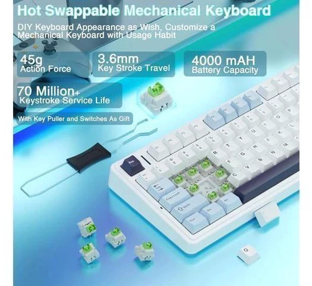 Alt view image 5 of 7 - F75 75% Wireless Mechanical Keyboard,Gasket Hot Swappable Custom Keyboard,Pre-lubed Reaper Switches RGB Backlit Gaming Keyboard,2.4GHz/Type-C/Bluetooth Mechanical Keyboard (White & Blue)