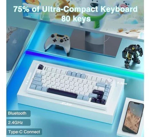 Alt view image 2 of 7 - F75 75% Wireless Mechanical Keyboard,Gasket Hot Swappable Custom Keyboard,Pre-lubed Reaper Switches RGB Backlit Gaming Keyboard,2.4GHz/Type-C/Bluetooth Mechanical Keyboard (White & Blue)