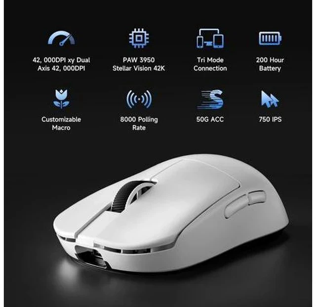 Alt view image 5 of 7 - L7 Ultra+ Wireless Gaming Mouse, Lightweight 48g, Ergonomic Mouse with 42K DPI, PAW3950, Optical Switch, 20000 FPS, Dual 8K Polling, 7 Programmable Buttons, 3-Mode Connect, PC/Mac - White