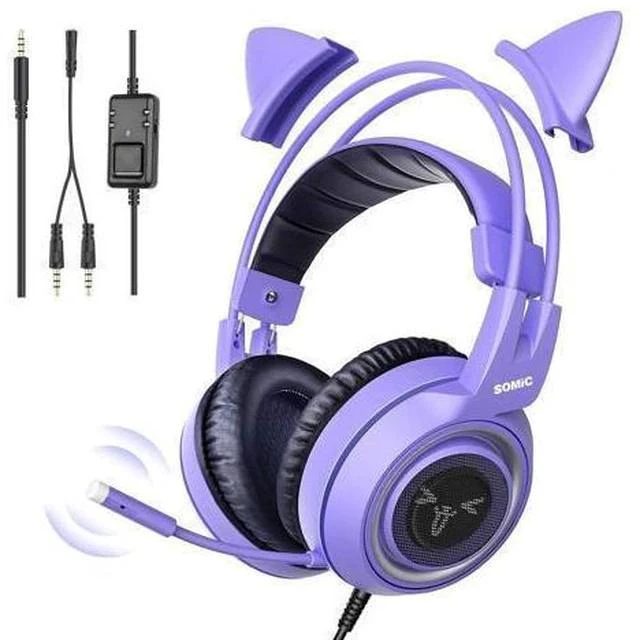 Main image of SOMIC G951S Purple Stereo Gaming Headset with Mic for PS4, PS5, Xbox One, PC, Phone, Detachable Cat Ear 3.5MM Noise Reduction Headphones Computer Gaming Headphone Self-Adjusting Gamer H (G951S-Purple)