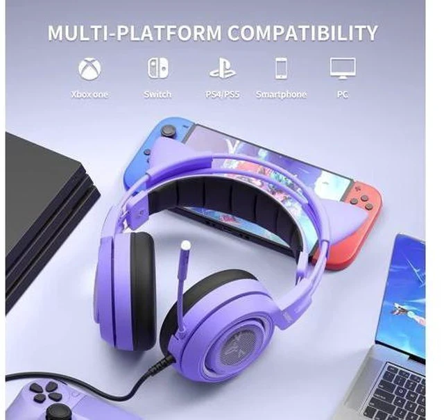 Alt view image 4 of 7 - SOMIC G951S Purple Stereo Gaming Headset with Mic for PS4, PS5, Xbox One, PC, Phone, Detachable Cat Ear 3.5MM Noise Reduction Headphones Computer Gaming Headphone Self-Adjusting Gamer H (G951S-Purple)
