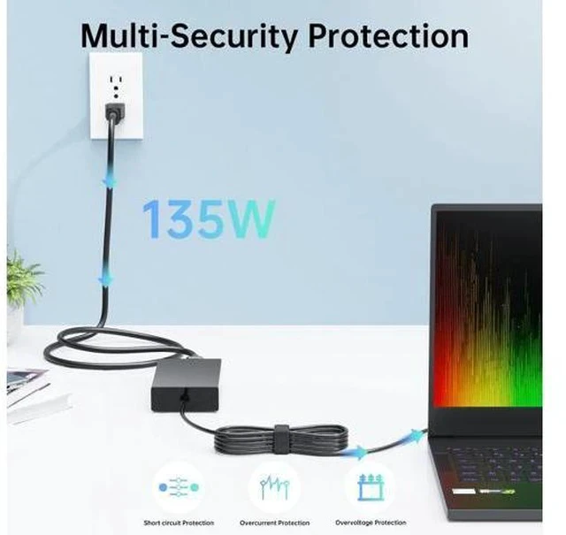 Alt view image 4 of 7 - 19V 7.1A 135W Charger Fit for Nitro V15 V14 V16 ANV15 ANV14 ANV16 Nitro 5 Gaming Laptop 135 Watt PA-1131-16 PA-1131-26 Power Adapter