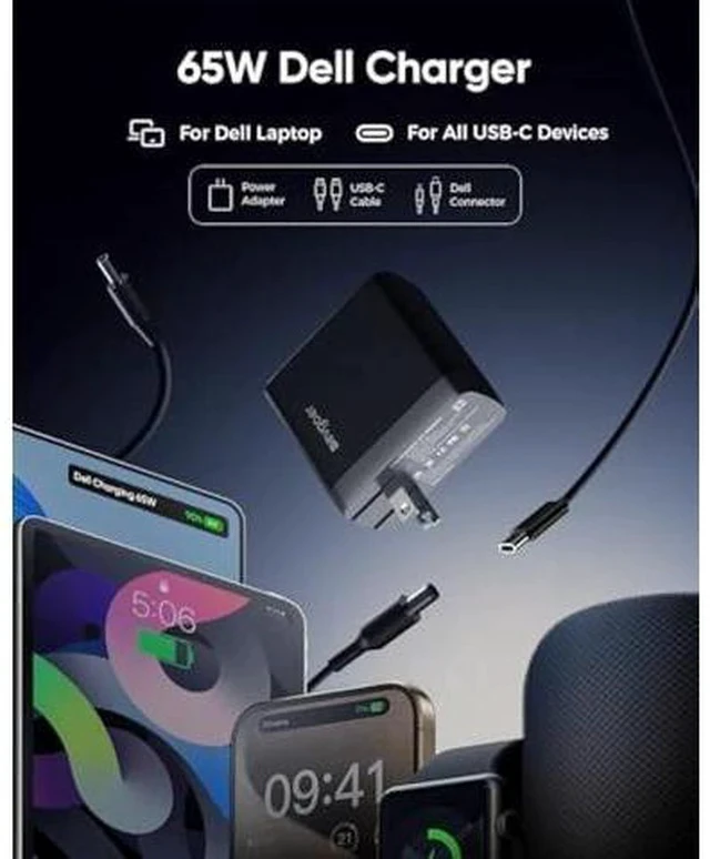 Alt view image 2 of 7 - 65W Dell Charger for Laptop, Dell Computer Charger USB-C for XPS, Inspiron, Latitude and Vostro Models, Power Cord 4.5 * 3.0 mm and 7.5 * 3.0 mm Compatible with Both 65W 45W (Foldable AC Plug)