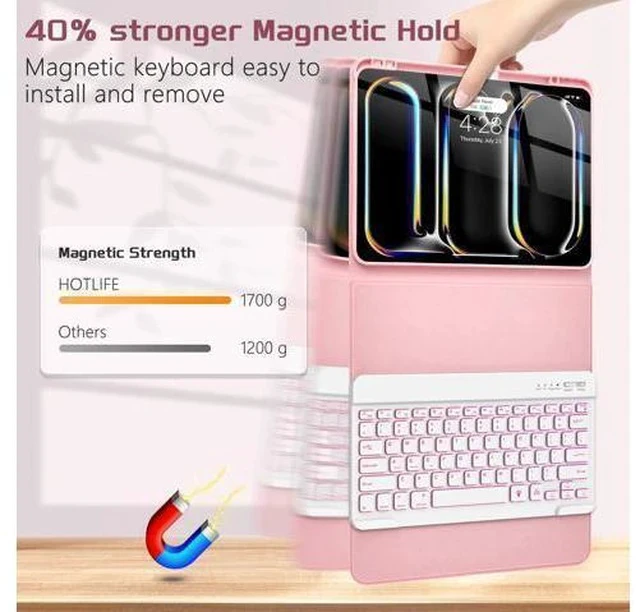 Alt view image 3 of 5 - HOTLIFE for iPad Pro 13 Inch (M4) 2024 Case with Keyboard, Magnetic Detachable - 7 Color Backlit Keyboard Case for iPad Pro 13 (M4), Rechargeable Wireless Keyboard Case with Pencil Holder (Pink)