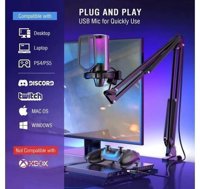 Alt view image 5 of 7 - Gaming PC USB Microphone, Podcast Condenser Mic with Boom Arm, Pop Filter, Mute Button for Streaming, Twitch, Online Chat, RGB Computer Mic for PS4/5 PC Gamer Youtuber-AmpliGame A6T