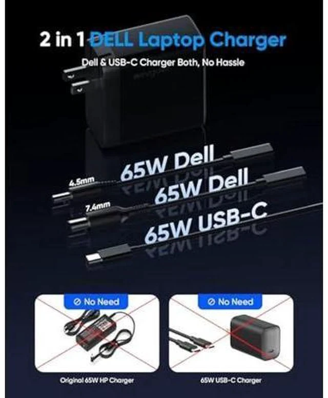 Alt view image 4 of 7 - 65W Dell Charger for Laptop, Dell Computer Charger USB-C for XPS, Inspiron, Latitude and Vostro Models, Power Cord 4.5 * 3.0 mm and 7.5 * 3.0 mm Compatible with Both 65W 45W (Foldable AC Plug)