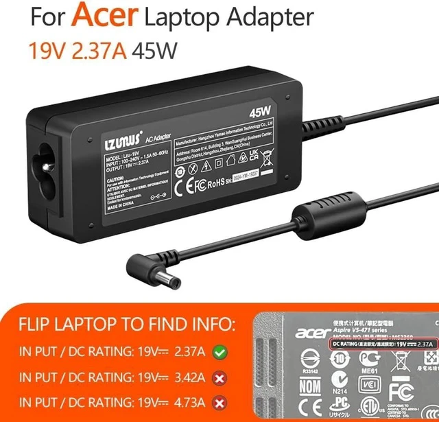 Alt view image 3 of 7 - 45W AC Adapter for Laptop Chanrger 19V 2.37A 3.0x1.1mm Compatible with Chromebook Aspire Swift 1/3 /5 Series Replacement Power Supply Cord