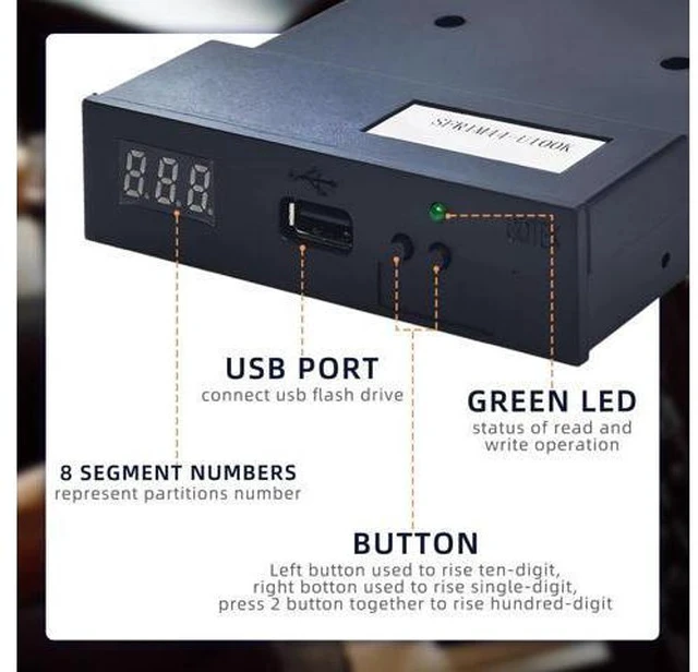 Alt view image 2 of 5 - USB Floppy Drive Emulator, SFR1M44-U100K 3.5 Inch 1.44MB SSD Simulation Floppy Disk Drive Emulator Plug, Flash Disk Floppy Drive Emulator and CD Screws for Musical Keyboad(Black)