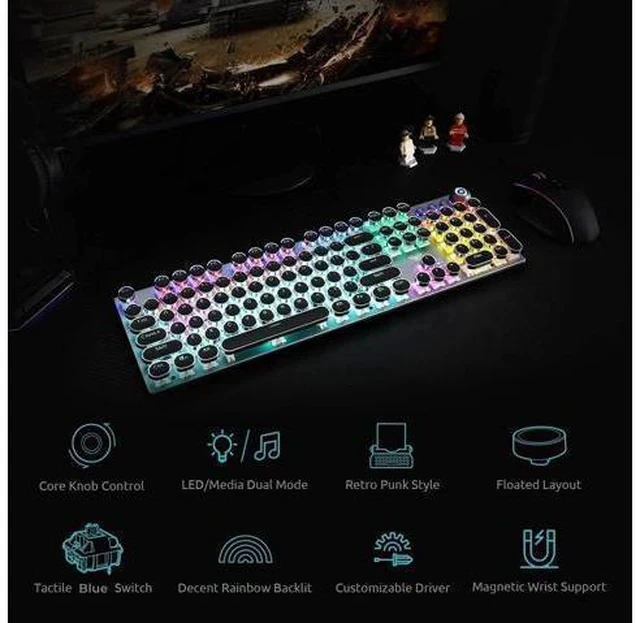 Alt view image 2 of 6 - AULA F2088 Typewriter Style Mechanical Gaming Keyboard Blue Switch, with Removable Wrist Rest, Media Control Knob, Rainbow Backlit, Retro Punk Round Keycaps, Full Size USB Wired Computer Keyboards
