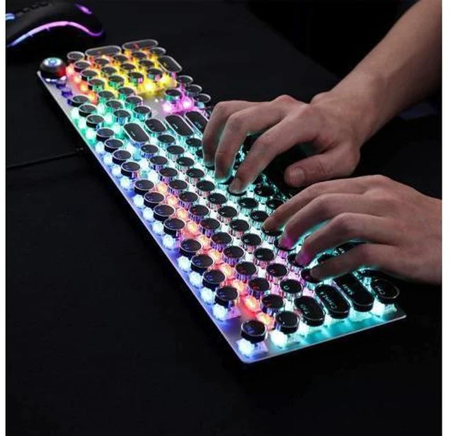 Alt view image 5 of 6 - AULA F2088 Typewriter Style Mechanical Gaming Keyboard Blue Switch, with Removable Wrist Rest, Media Control Knob, Rainbow Backlit, Retro Punk Round Keycaps, Full Size USB Wired Computer Keyboards