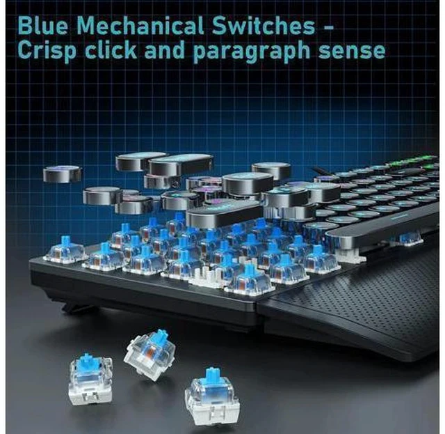 Alt view image 6 of 6 - AULA F2088 Typewriter Style Mechanical Gaming Keyboard Blue Switch, with Removable Wrist Rest, Media Control Knob, Rainbow Backlit, Retro Punk Round Keycaps, Full Size USB Wired Computer Keyboards