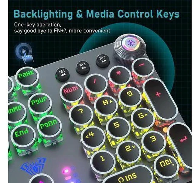Alt view image 4 of 6 - AULA F2088 Typewriter Style Mechanical Gaming Keyboard Blue Switch, with Removable Wrist Rest, Media Control Knob, Rainbow Backlit, Retro Punk Round Keycaps, Full Size USB Wired Computer Keyboards