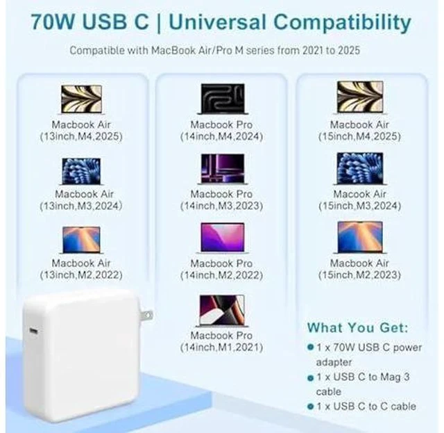 Alt view image 2 of 7 - Charger for MacBook Air 15 13 Inch Mac Book Pro14 Inch M4 M3 M2 M1 from 2025 2024 2023 2022 2021 70W USB-C to Mag 3 Power Adapter Include 6.6FT 5A USB-C to Mag 3 Cable (Original Quality)