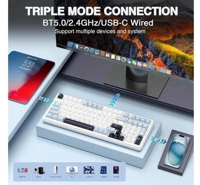 Alt view image 3 of 7 - AULA F99 Wireless Mechanical Keyboard, Hot Swappable Custom Keyboard,Pre-lubed Linear Switches,Gasket Structure,RGB Backlit Gaming Keyboard (Blue&White)