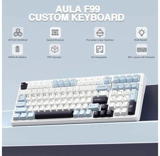 Alt view image 2 of 7 - AULA F99 Wireless Mechanical Keyboard, Hot Swappable Custom Keyboard,Pre-lubed Linear Switches,Gasket Structure,RGB Backlit Gaming Keyboard (Blue&White)