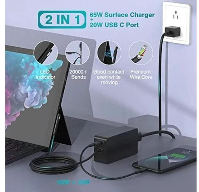 Alt view image 3 of 7 - 65W Laptop Charger Compatible with Microsoft Surface Pro 11, 10, 9, 8, 7+, 7, 6, 5, X, Laptop 7/6/5/4/3/2/1/Studio, Book 3/2/1, Go 4/3/2/1, 10FT