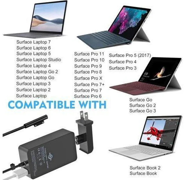 Alt view image 3 of 7 - 65W Surface Pro Laptop Charger for Surface Pro 10 9 8 7+ X 7 6 5 4 3 Windows Surface Laptop 7 6 5 Studio 4 Go 3 2 Surface Go Tablet Surface Book 2 1 Support 44W 36W 10.1FT Travel Case