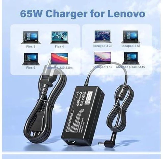 Alt view image 2 of 7 - 65W Charger for Lenovo Flex 5 4 6 / Ideapad 3 1 5/310 320 330 330s 100 100S 110 120S 130 130S S340 S145 Series Lapto with Power Cord
