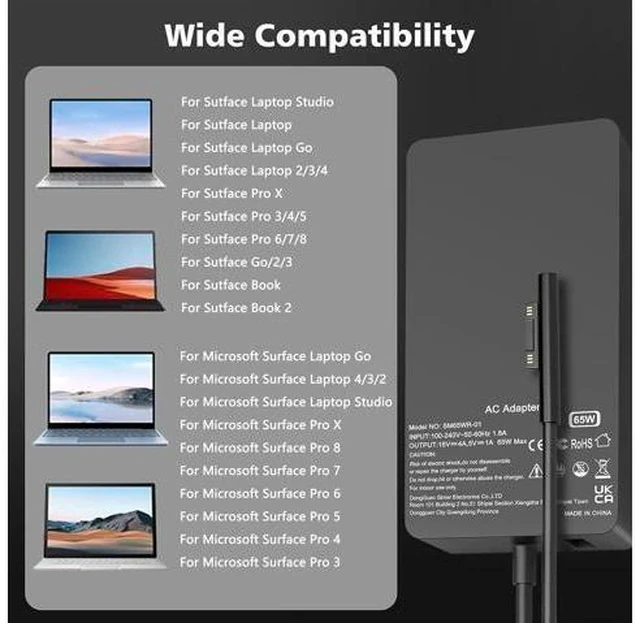 Alt view image 3 of 7 - 65W Surface Pro Laptop Charger Compatible with Surface Pro 10 9 8 X 7+ 7 6 5 4 3 Magnetic Surface Connector Support 65W 44W 36W with USB Port