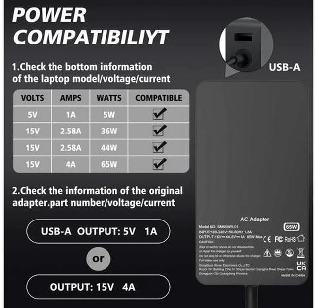 Alt view image 4 of 7 - 65W Surface Pro Laptop Charger Compatible with Surface Pro 10 9 8 X 7+ 7 6 5 4 3 Magnetic Surface Connector Support 65W 44W 36W with USB Port
