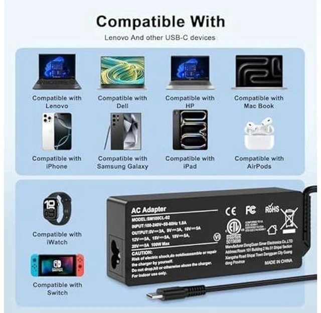 Alt view image 3 of 7 - 100W USB C Fast Charger Power Adapter Compatible with Lenovo Thinkpad,MacBook Pro/Air, iPad Pro,HP,Dell,Asus All USB-C Device