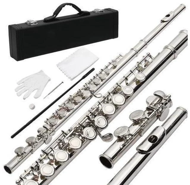 Main image of C Closed Hole Flute 16 Keys Flutes Kit for Students, Professionals & Beginner, Orchestra Musical Nickel Flute with Hard Case, Cleaning Rod, Cloth, Gloves (Silver)