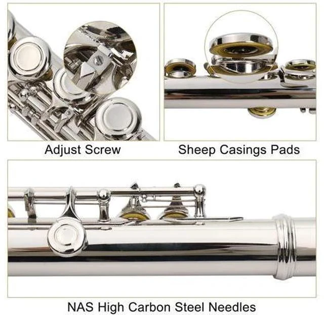 Alt view image 3 of 6 - C Closed Hole Flute 16 Keys Flutes Kit for Students, Professionals & Beginner, Orchestra Musical Nickel Flute with Hard Case, Cleaning Rod, Cloth, Gloves (Silver)