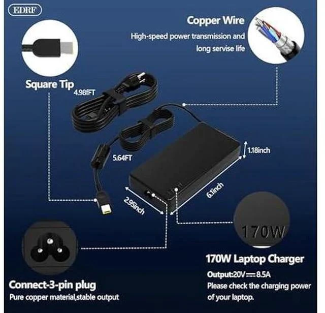 Alt view image 3 of 5 - New 170W Laptop Charger Compatible with Lenovo Legion Slim 5 5P S7 5i, Yoga Pro7, IdeaPad Pro 5, Thinkpad X1 Extreme P50 P51 P52 P53 P70 P71 P73 P16 P15 T15g AIO 7 LOQ-15/16 Laptop ADL170SCC3A