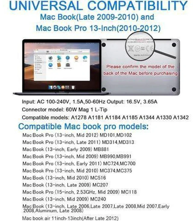 Alt view image 2 of 7 - Universal Charger 60W L-Tip Laptop Charger Compatible with Mac Book Pro Before Mid 2012 Magnetic Powerful Connect Original Quality