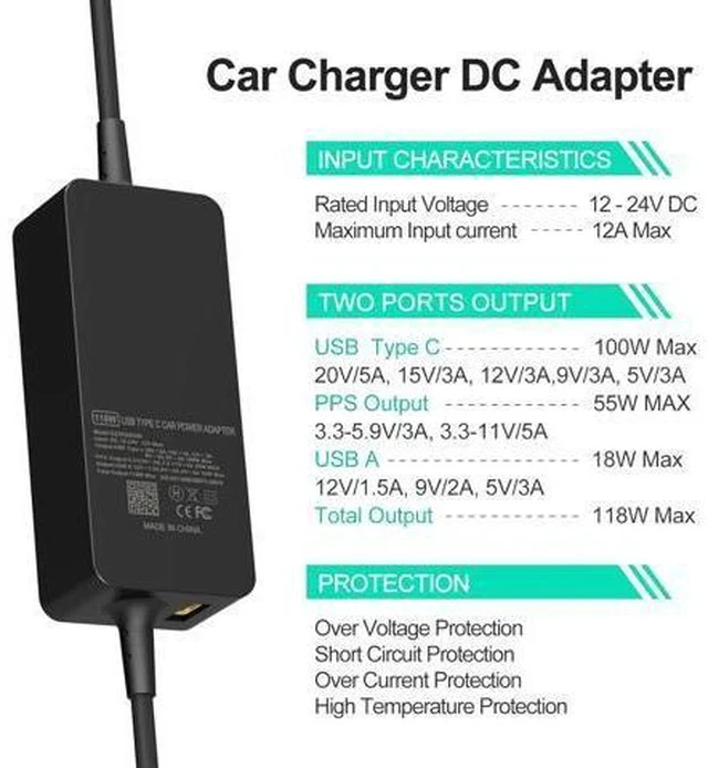 Alt view image 6 of 7 - 100W Car Charger Laptop Car Charger Compatible with Latitude/Precision/XPS Compatible with MacBook Pro/Air Compatible with HP Spectre/Elitebook Compatible with DC Adapter