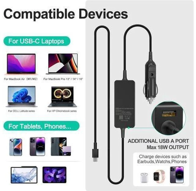 Alt view image 7 of 7 - 100W Car Charger Laptop Car Charger Compatible with Latitude/Precision/XPS Compatible with MacBook Pro/Air Compatible with HP Spectre/Elitebook Compatible with DC Adapter