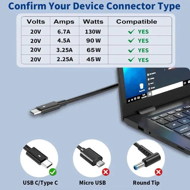 Alt view image 2 of 6 - 130W USB C Laptop Charger Compatible with Laptop Charger Type C Slim AC Power Cord - Precision 5550 5560 5570 5750 3560 XPS 15 9500 9575 XPS 17 Latitude 7410 7310 USB C