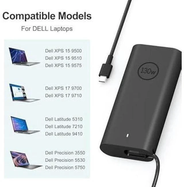 Alt view image 4 of 7 - 130W USB C Laptop Charger Compatible with Dell XPS 15/17,9575Precision 5750 5570 5550 5530 3551 3550 3560 Latitude 5420 5510 7410 7310 7210 9410 9510 AC Cable