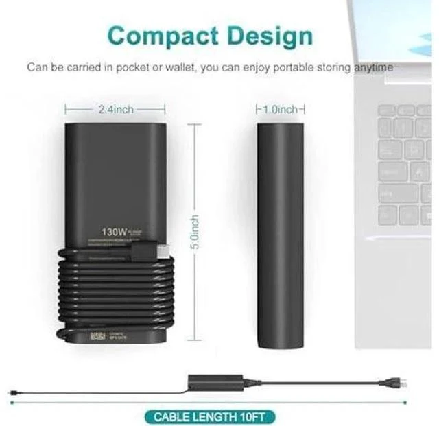 Alt view image 3 of 7 - 130W USB C Laptop Charger Compatible with Dell XPS 15/17,9575Precision 5750 5570 5550 5530 3551 3550 3560 Latitude 5420 5510 7410 7310 7210 9410 9510 AC Cable