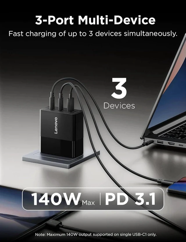 Alt view image 2 of 7 - 140W USB C Charger GaN Power Adapter with 3-Port Fast Charging PD 3.1 Compatible Black for ThinkPad MacBook iPhone Galaxy with 240W Cable