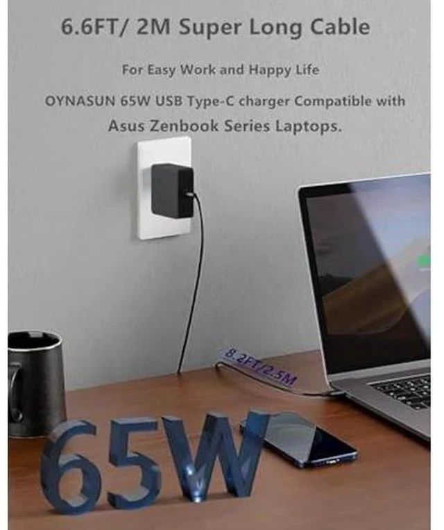 Alt view image 2 of 7 - 65W USB-C Laptop Charger Compatible with Asus Zenbook Series Laptops.