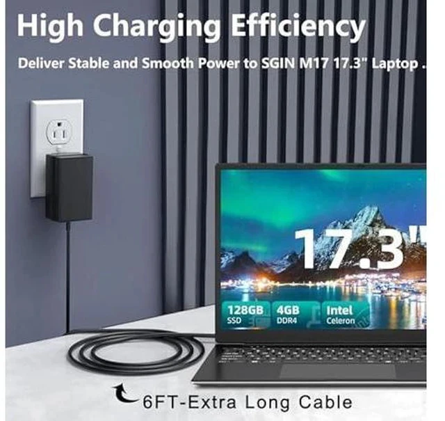 Alt view image 2 of 7 - 12V AC Adapter Charger for SGIN M17 Pro M17Pro M17S 17 Inch 17.3 Windows 11 Laptop Notebook Computer PC Power Supply Adaptor Cord Wall Plug