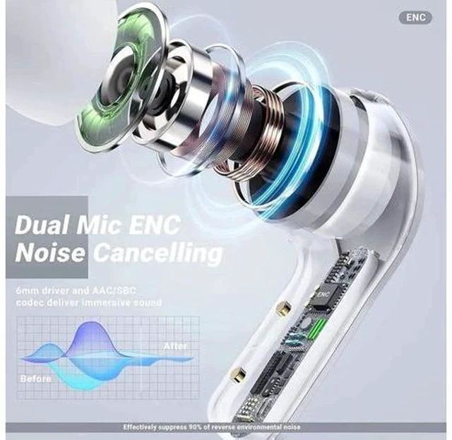 Alt view image 2 of 7 - T6 TWS Earbuds Wireless Blue Tooth 5.0 ENC Sport Gaming Headsets Noise ReductionMic Stereo Headphones with LED Display Earphone White