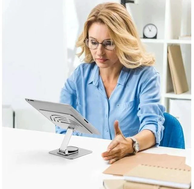 Alt view image 5 of 7 - Physowell Tablet Holder,iPad Stand, 360 Rotating Base,Foldable Adjustable Tablet Stand,aluminum alloy metal Tablet Stand for Desk, Compatible with iPad Pro Air Mini 4 to 12.9-inch Tablet Silver