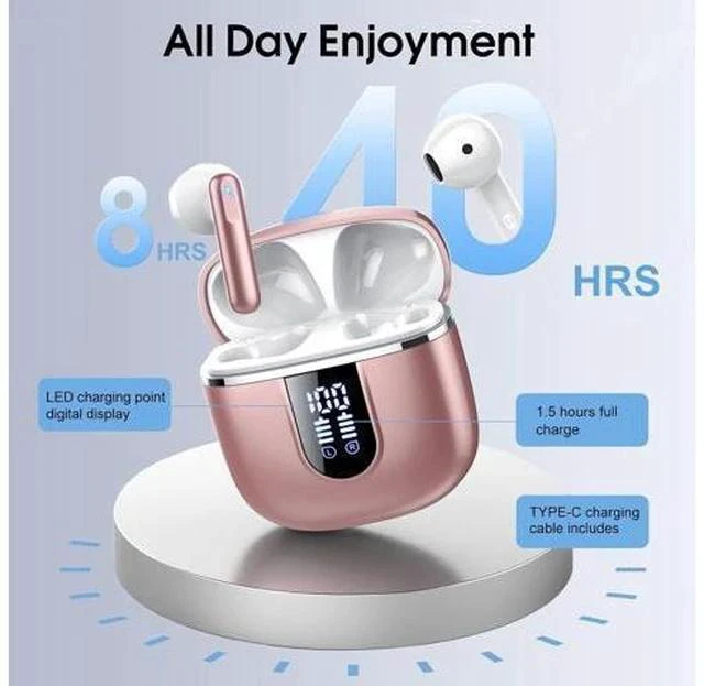 Alt view image 4 of 7 - Wireless Earbuds 2025 Bluetooth 5.4 Headphones in Ear Buds 40H HiFi Stereo Bluetooth Earbuds with 4 ENC Noise Cancelling Mics IP7 Waterproof Mini Earphones with Dual LED Display USB C Pink Gold