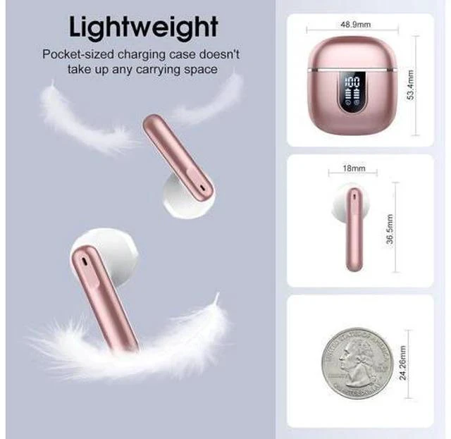 Alt view image 6 of 7 - Wireless Earbuds 2025 Bluetooth 5.4 Headphones in Ear Buds 40H HiFi Stereo Bluetooth Earbuds with 4 ENC Noise Cancelling Mics IP7 Waterproof Mini Earphones with Dual LED Display USB C Pink Gold