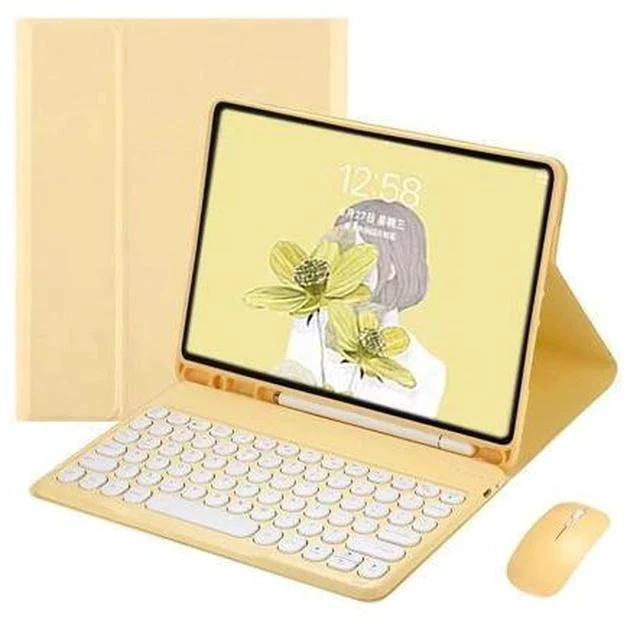 Main image of PboyiqiS Keyboard Case for iPad 6th/5th Generation, Case for 9.7 inch iPad6/iPad5/Air2/Pro9.7 Keyboard with Mouse, Cute Round Key Detachable Keyboard Case with Pencil Holder, Yellow